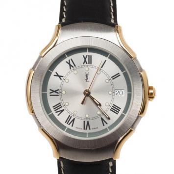 Yves Saint Laurent SS Leather Gold Trim Womens Wristwatch 36 MM