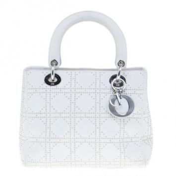Dior White Studded Leather Medium Lady Dior