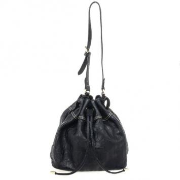 Carolina Herrera Black Embossed Logo Drawstring Shoulder Bag
