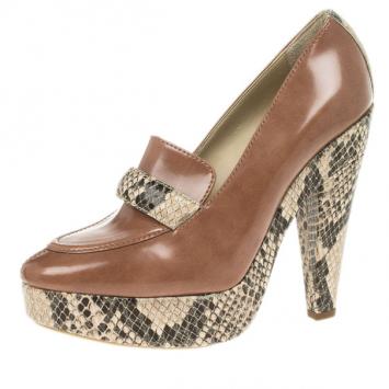 Stella McCartney Brown Faux Leather Python Effect Mary Platform Loafer Pumps Size 39