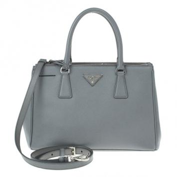 Prada Grey Saffiano Small Double Zip Top Handle Tote