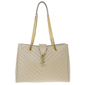 Saint Laurent Paris Beige Chevron Leather Classic Monogram Shopping Tote