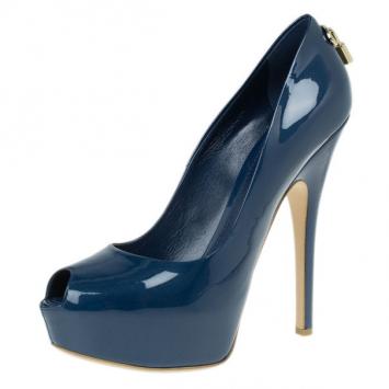 Louis Vuitton Blue Patent Oh Really! Peep Toe Platform Pumps Size 41