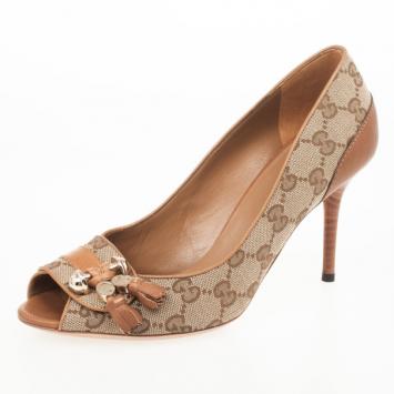 Gucci Tan Leather GG Canvas 'Marrakesh' Peep Toe Pumps Size 38.5