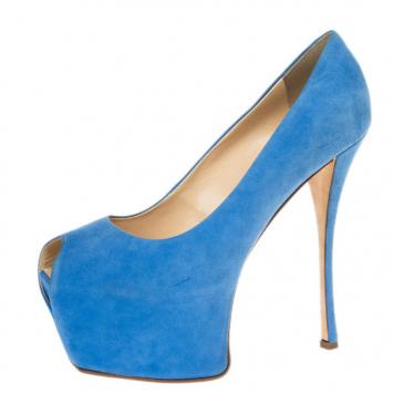 Giuseppe Zanotti Blue Suede Peep Toe Exaggerated Platform Pumps 41
