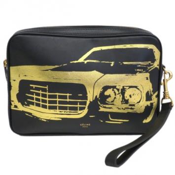 Celine Black Leather Car Motif Clutch