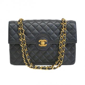 Chanel Black Lambskin Double Chain Single Flap Shoulder Bag