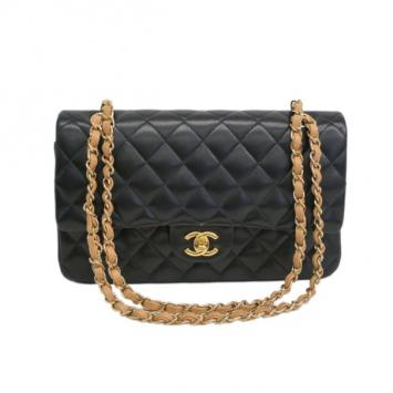 Chanel Black Lambskin Classic Medium Double Chain Flap Shoulder Bag