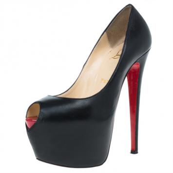 Christian Louboutin Black Leather Highness Peep Toe Platform Pumps Size 37