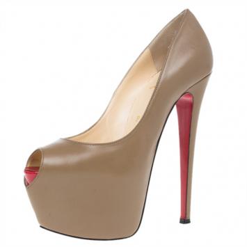 Christian Louboutin Brown Leather Highness Peep Toe Platform Pumps Size 37.5