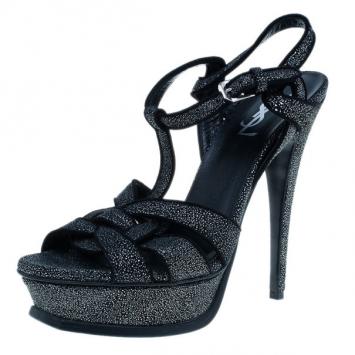 Saint Laurent Paris Black Embossed Leather Tribute Sandals Size 39