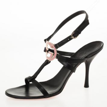 Gucci Black 'Interlocking GG' Leather Cage Sandals Size 39.5