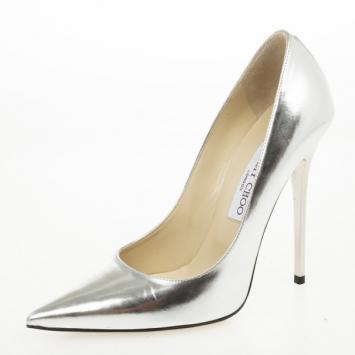Jimmy Choo Silver Agnes Mirror Leather Pointed Toe Pump Size 37.5