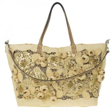 Valentino Beige Canvas Sequin Beaded Floral Applique Tote