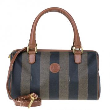 Fendi Brown Striped Pequin Canvas Vintage Boston Bag