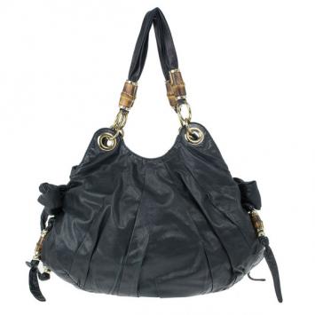 Gucci Black Leather Bamboo Bow Hobo