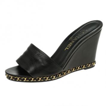 Chanel Black Leather Chain Me Wedge Slides Size 37.5