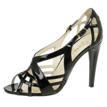 Chanel Black Patent Strappy Sandals Size 37.5