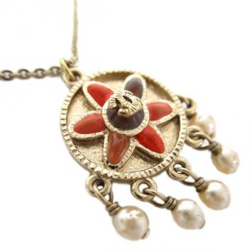 Chanel Flower Motif Enamel Medal Pendant Necklace with Dangling Faux Pearls