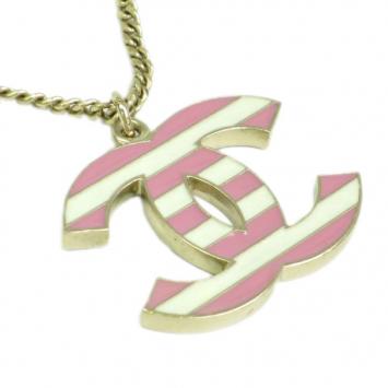 Chanel CC Logo Pink and White Stripes Large Pendant Necklace
