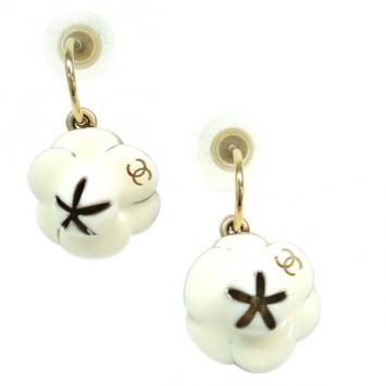Chanel Camellia White and Black Enamel Hoop Earrings