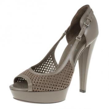 Saint Laurent Paris Brown Suede and Leather Perforated Peep Toe Pumps Size 35