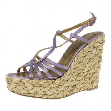 Saint Laurent Paris Purple Satin Raffia Wedge Sandals Size 35
