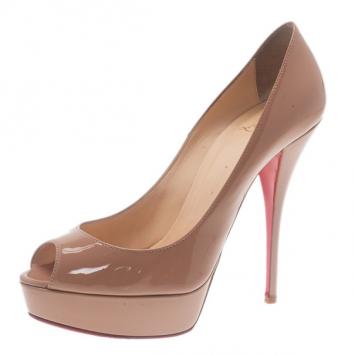 Christian Louboutin Nude Patent Troca Peep Toe Platform Pumps Size 38.5