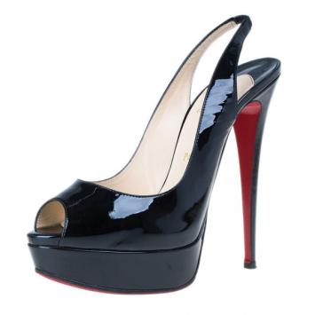 Christian Louboutin Black Patent Lady Peep Slingback Sandals Size 39.5