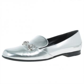 Gucci Silver Metallic Leather Horsebit Loafers Size 37.5