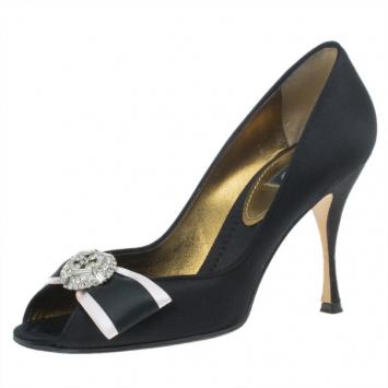 Dolce and Gabbana Black Satin Embellished Peep Toe Pumps Size 38