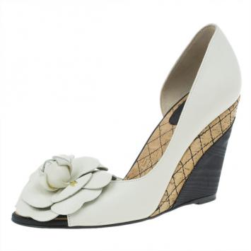 Chanel White Leather Camellia D'orsay Wedges Size 37