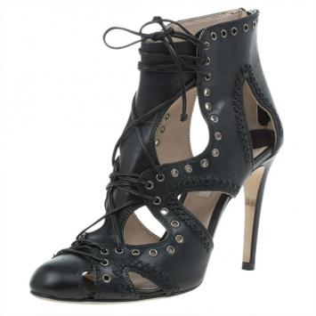 Miu Miu Black Leather Embellished Cutout Ankle Booties Size 37.5