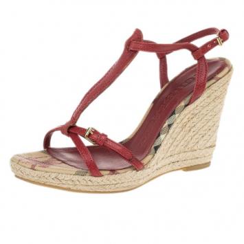 Burberry Red Leather Novacheck T Strap Espadrilles Wedges Size 37