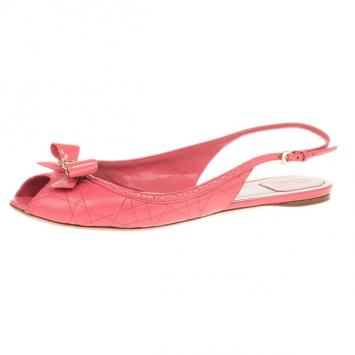 Dior Coral Cannage Leather Bow Flat Slingback Sandals Size 41