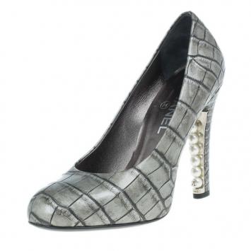 Chanel Metallic Croc Embossed Pearl Heel Pumps Size 37.5