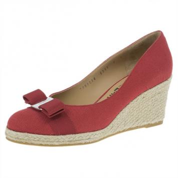 Salvatore Ferragamo Red Canvas Bow Detailed 'Darly' Espadrille Wedges Size 38.5