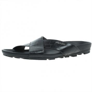 Pre Owned Prada Sport Black Croc Embossed Criss Cross Slides Size 41