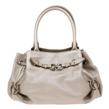 Salvatore Ferragamo Metallic Grey Leather Gancini Detail Handbag