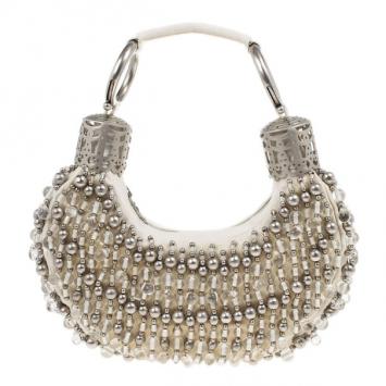 Chloe White and Silver Beaded Crescent Hobo