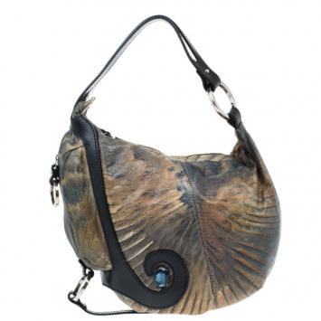 Fendi Blue and Beige Printed Leather Wave Hobo