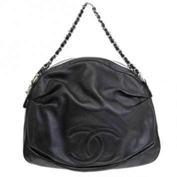 Chanel Black Leather Perforated CC Logo Hobo