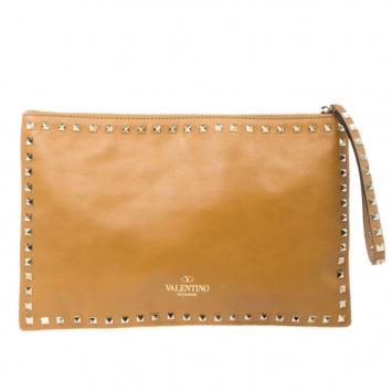 Valentino Brown Leather Rockstud Clutch