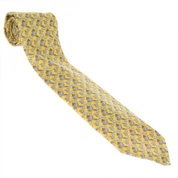 Pre Owned Hermes Yellow Flying Reindeer Print Silk Tie