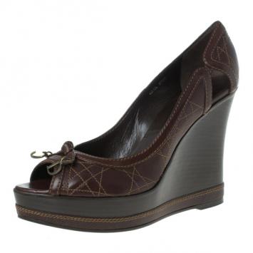 Dior Brown Cannage Leather Peep Toe Wedge Pumps Size 40