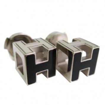 Hermes Cage d'H Black Enamel Palladium-Plated Earrings