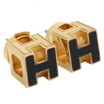 Hermes Cage d'H Black Enamel Gold-Plated Earrings
