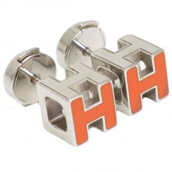 Hermes Cage d'H Orange Enamel Palladium-Plated Earrings