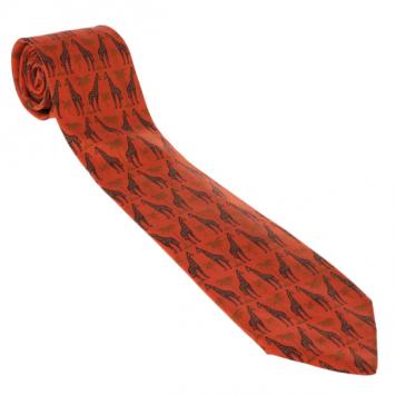 Pre Owned Hermes Orange Giraffe and Palm Tree Print Silk Tie