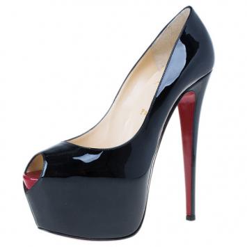 Christian Louboutin Black Patent Highness Peep Toe Platform Pumps Size 40
